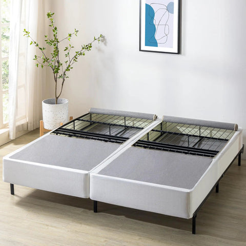 Dead Simple 9 Inch Box Spring With Built Tough Steel Core And Pristine White Cover Ultimate Mattress Foundation For Split California King Beds That Opens In A Flash on a wooden floor.