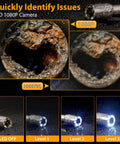 Heavy Duty Sewer Camera Kit For Pipe Inspection 100ft Borescope With Six LEDs 5 Inch IPS Screen 1080P HD Lens 17mm Probe IP68 Waterproof 5000mAh Battery Great For Plumbing Clogs And Drain Troubleshooting, 1080P camera view inside a blocked pipe with LED light levels