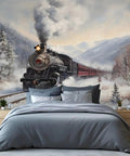 Massive Steam Train Wall Mural For Bedroom And Living Room Winter Snow Scene Locomotive Photo 196 Inch Wide 118 Inch High Retro Train Wallpaper For Boys Room Not Peel And Stick featuring a snowy train in a winter landscape above a modern bed.
