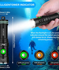Hand holding Beast 4000 Lumen Scuba Dive Light With 4 Degree Narrow Beam IP68 Waterproof Underwater Torch, power indicator lit.