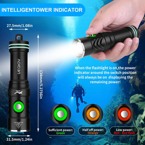 Hand holding Underwater Dive Light Rechargeable Waterproof Flashlight with Battery Level Indicator, scuba diving background, rose red