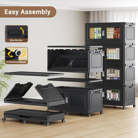 Hassle Free Heavy Duty Extra Large Storage Bins With Smooth Rolling Casters And Secure Snap Lids, Black Plastic Totes, 4 Pack Mobile Organizers For Garage, Toys, Tools