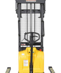 Rock Solid DC Powered Electric Pallet Stacker With Adjustable Forks and Leveling Legs front view showing control handle and lifting mechanism.