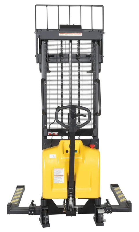 Rock Solid DC Powered Electric Pallet Stacker With Adjustable Forks and Leveling Legs front view showing control handle and lifting mechanism.