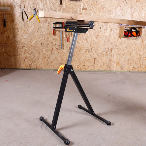 Roller Support Stand Twin Pack With 132 Lb Capacity Each, Heavy Duty Steel Roll Stand in workshop, supporting long board