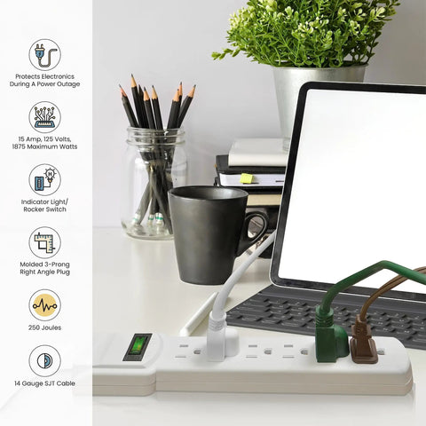 Heavy Duty 6 Outlet Surge Protector With Mountable Design on desk with laptop and pencils, 6 Ft Cord, 15 Amp Circuit Breaker