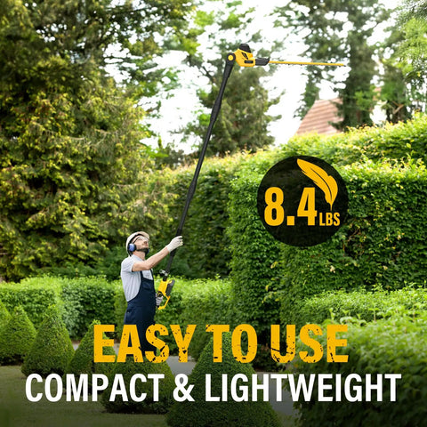 Person using Beast Cordless 18 Inch 20V Pole Hedge Trimmer With 16 Foot Reach And Extension Pole in garden.