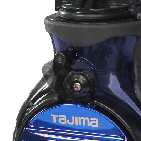Tajima chalk line reel, blue metal case with black cap and visible TAJIMA logo.