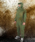 Person wearing Pro Grade Sand Blasting Hood Suit With Clear Visor, Ventilated Protective Splash Gear For Cast Iron Shipbuilding