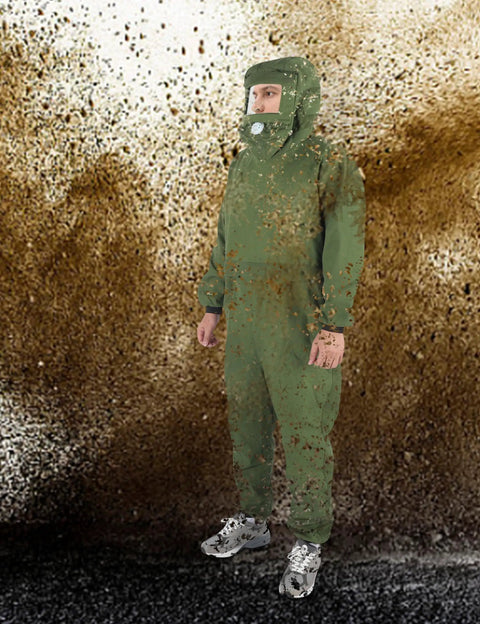 Person wearing Pro Grade Sand Blasting Hood Suit With Clear Visor, Ventilated Protective Splash Gear For Cast Iron Shipbuilding