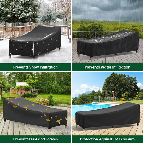 Durable Outdoor Chaise Lounge Cover For Patio Furniture Waterproof And UV Resistant Built To Last With Air Vents All Weather Protection 76L x 32W x 32H Inch 2 Pack on wooden deck displaying all-weather protective features against snow, rain, dust, and UV rays in garden and poolside settings.