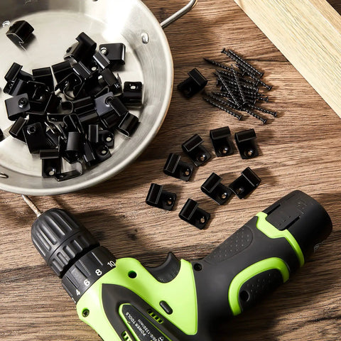 80 Pack 304 Stainless Steel Start Clips, Universal Decking Clip With Decking Screws, drill, and dish on wood surface