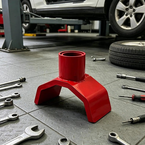 Beefy Bottle Jack Adapter Lifting Saddle For 2 To 4 Inch Axle Tubes in a garage setting with surrounding tools.