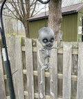 18 Inch Creepy Skeleton Boy Doll With Movable Joints hanging from a hook, durable all weather plastic, realistic bone finish.