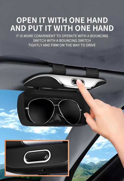 Universal Car Visor Sunglasses Holder Clip And Storage Box For Glasses And Small Essentials with open lid showing sunglasses