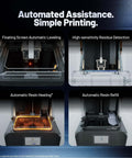 Beast Mode Resin 3D Printer with Amber Screen, showcasing automatic leveling, residue detection, resin heating, and refill features.