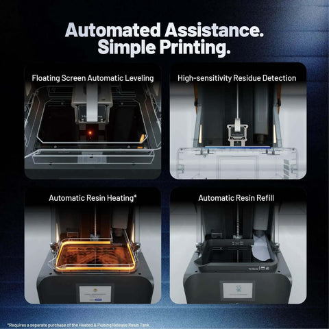 Beast Mode Resin 3D Printer with Amber Screen, showcasing automatic leveling, residue detection, resin heating, and refill features.