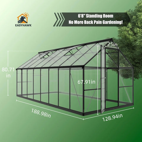 8x16 Ft Aluminum Walk-In Greenhouse With Polycarbonate Panels and Roof Vent for All-Weather Outdoor Gardens