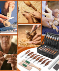 All In One Wood Carving Kit For Beginners 35 Piece Set With Whittling Knives Carving Chisels Basswood Blocks Sandpaper Polishing Compound Leather Strop Sharpening Stone Gloves Pencil And Large Storage Tool Bag displayed in use.