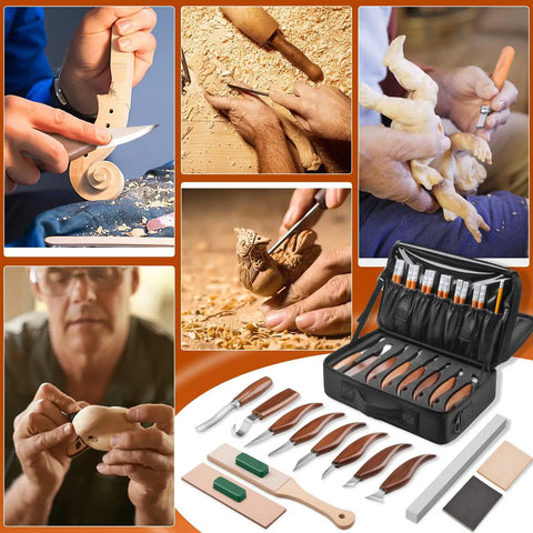 All In One Wood Carving Kit For Beginners 35 Piece Set With Whittling Knives Carving Chisels Basswood Blocks Sandpaper Polishing Compound Leather Strop Sharpening Stone Gloves Pencil And Large Storage Tool Bag displayed in use.