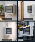 Heavy Duty 4 Way Din Rail Enclosure Weatherproof Outdoor Electrical Box in home, school, mall, and workshop settings.