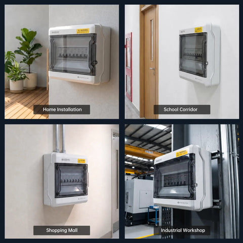 Heavy Duty 4 Way Din Rail Enclosure Weatherproof Outdoor Electrical Box in home, school, mall, and workshop settings.