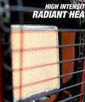 Portable Propane Heater With 9,000 BTU Radiant Heat For Indoor Or Outdoor Use close-up of glowing heating element