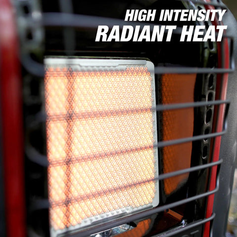 Portable Propane Heater With 9,000 BTU Radiant Heat For Indoor Or Outdoor Use close-up of glowing heating element