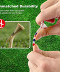 Transparent Three And A Quarter Inch Unbreakable Plastic Golf Tees That Cut Friction And Side Spin Fifty Count Built Tough Eco Friendly Durable Tee Set Perfect Gift For Men With American Flag Design being bent without breaking on grass.