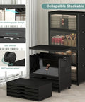 Heavy Duty Lockable Plastic Storage Bins 8 Pack Collapsible Stackable Organizers in black with spinner wheels and side buckles.