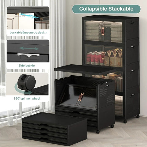 Heavy Duty Lockable Plastic Storage Bins 8 Pack Collapsible Stackable Organizers in black with spinner wheels and side buckles.