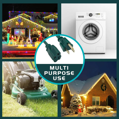 Heavy Duty 100Ft Outdoor Extension Cord 16/3 SJTW grounded 3 prong power cable connected to various appliances and holiday lights.