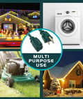 Collage showing 75 Foot Outdoor Extension Cord 16 Gauge 3 Wire SJTW Green Heavy Duty Cable for various uses and decorations.
