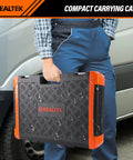 Person carrying a durable toolbox for 178 Piece Socket Wrench Set With Quick Release Ratchet Includes One Quarter Inch, Three Eighths Inch, One Half Inch Sockets, CRV High Carbon Steel, Extension Bar, Bit Sockets, For Auto Repair, Home, Garage, And Workshop.