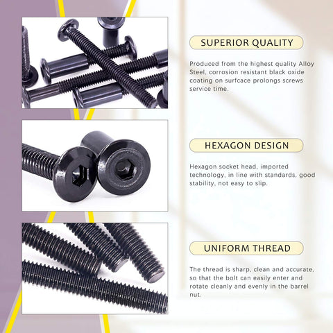 Close-up of DIY Ready Black Hex Drive Socket Cap Bolts Kit With Barrel Nuts And Hex Key 120Pcs M6 Assortment showing quality and design features.