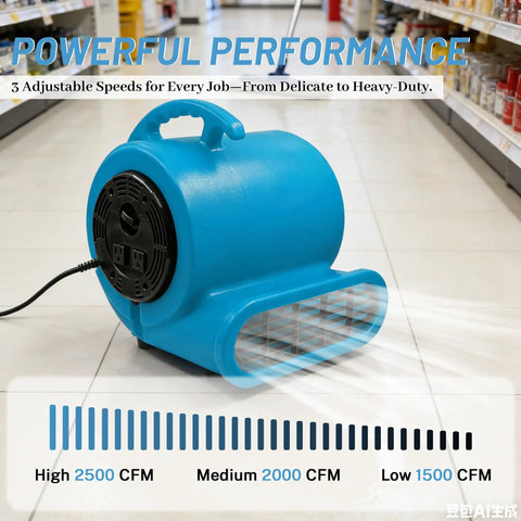 Air Mover Blower Fan 280W 1/2 HP Copper Motor Delivers 2500 CFM displayed indoors highlighting speed settings.