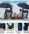 Back view of two Foldable Beach Chairs With Umbrella For Adults on beach, with breathable mesh back and navy blue design.