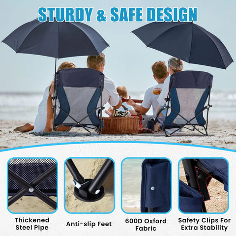 Back view of two Foldable Beach Chairs With Umbrella For Adults on beach, with breathable mesh back and navy blue design.