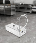 Commercial Deep Fryer Oil Filter Station, 14 Gallon Stainless Steel Grease Recovery Cart in modern kitchen setting.
