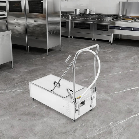 Commercial Deep Fryer Oil Filter Station, 14 Gallon Stainless Steel Grease Recovery Cart in modern kitchen setting.