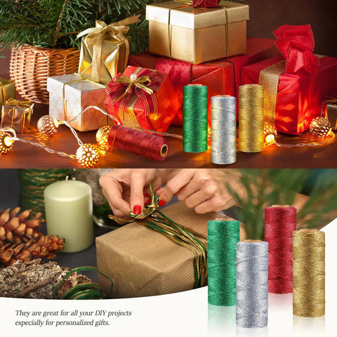 Four Rolls Christmas Metallic Bakers Twine 110 Yards Each Gold Silver Red Green For Gift Wrapping Game And DIY Crafts