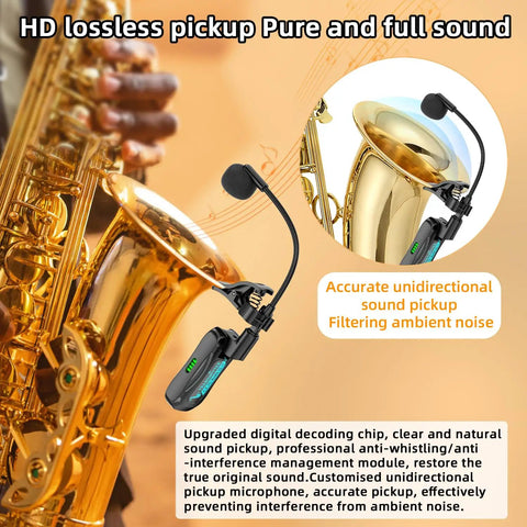 Two Point Four G Wireless Clip On Saxophone And Brass Instrument Microphone System attached to a saxophone, showcasing gooseneck mic.