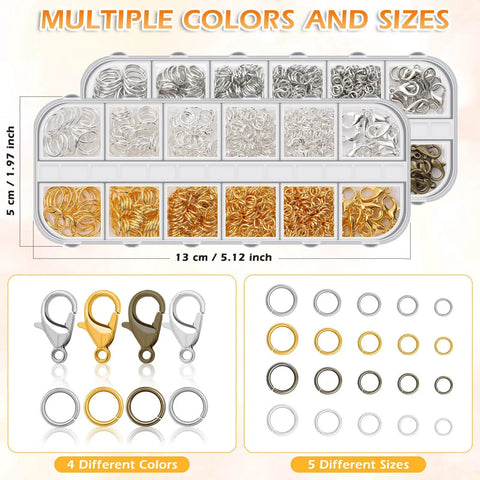 Dope Jewelry Making Kit With 1260 Jump Rings And Lobster Clasps, assorted color rings in transparent case, shown in multiple sizes.
