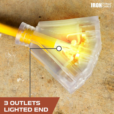 Close-up of lighted plug on Heavy Duty Retractable Extension Cord Reel 40 Feet With 3 Outlets 12 Gauge SJTW