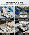 Top Notch 5000G Lab Scale With 0.01G Readability And Calibration Weights in lab, industrial, jewelry, and educational settings.