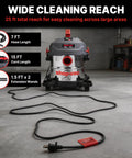 Heavy Duty Five Gallon Wet And Dry Shop Vacuum With Sleek Stainless Tank and Whisper Quiet Four Point Five Peak Horsepower Motor showing 25 ft reach, hose, and extension wands.