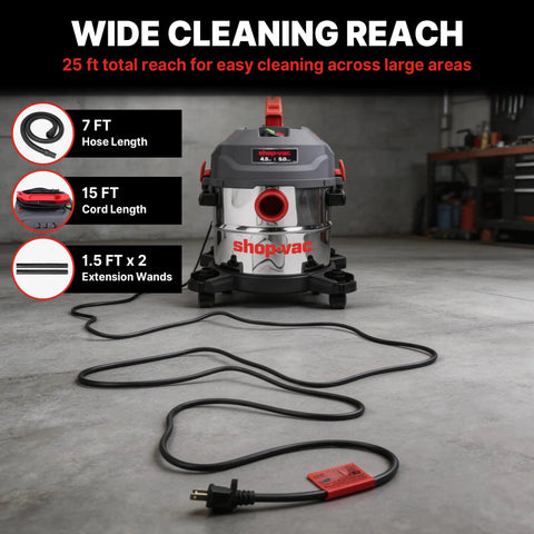 Heavy Duty Five Gallon Wet And Dry Shop Vacuum With Sleek Stainless Tank and Whisper Quiet Four Point Five Peak Horsepower Motor showing 25 ft reach, hose, and extension wands.