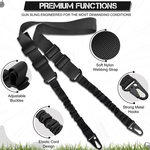 Adjustable Two Point Rifle Sling Dope Rugged Nylon Strap With Metal Hook For Hunting Shotgun And Camera Gear Outdoor Multipurpose Tactical Sling Forty Seven Point Two Inch Adjustable Length With Durable Metal Hooks For Easy Setup featuring adjustable buckles and strong metal hooks.