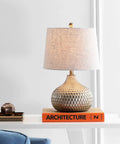 Antique Brown Honeycomb Resin Table Lamp With Teardrop Textured Base And Gray Linen Drum Shade LED Bulb Included For Living Room