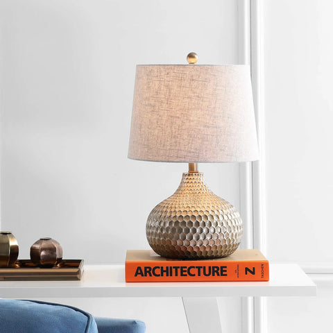 Antique Brown Honeycomb Resin Table Lamp With Teardrop Textured Base And Gray Linen Drum Shade LED Bulb Included For Living Room